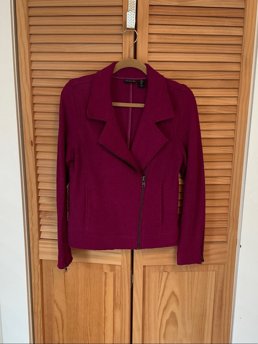 Tahari Magenta Asymmetric Zip Blazer